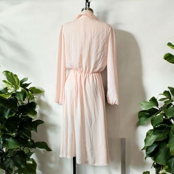 Vintage 1970s Pink Sheer Stripe Tie Secretary Midi Dress Summer Small S - Picture 3 of 7